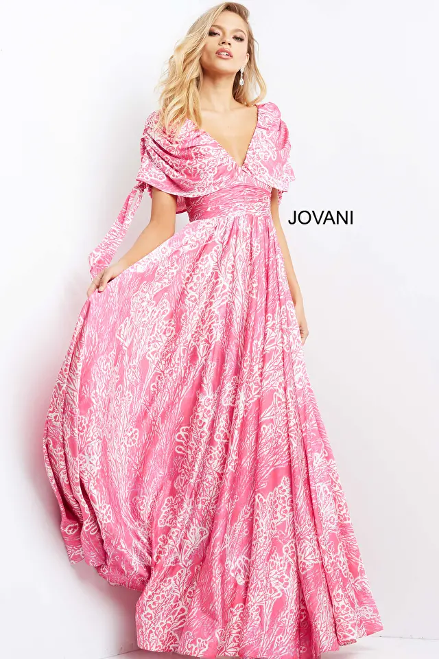 Jovani 07586 Pink Print V Neck Maxi Evening Dress